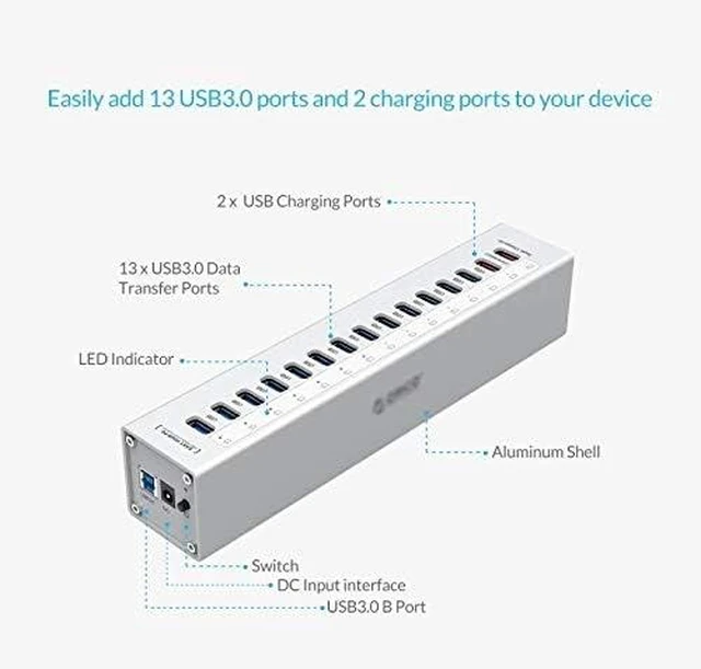 Alt view image 2 of 5 - Aluminum 13 Port Multi USB3.0 HUB Splitter with 12V/5A Independent Power Supply 2 Charging Port