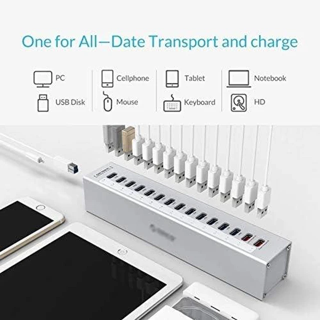 Alt view image 4 of 5 - Aluminum 13 Port Multi USB3.0 HUB Splitter with 12V/5A Independent Power Supply 2 Charging Port