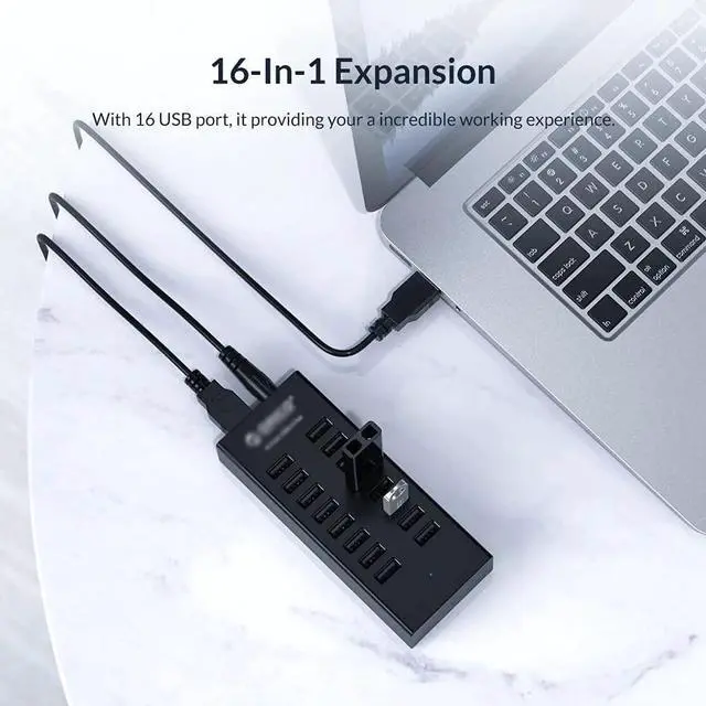 Alt view image 3 of 5 - 16 Port USB2.0 Hub with 12V2A Power Adapter 3.3Ft / 1M Data Cable for MacBook Air Laptop PC Tablet