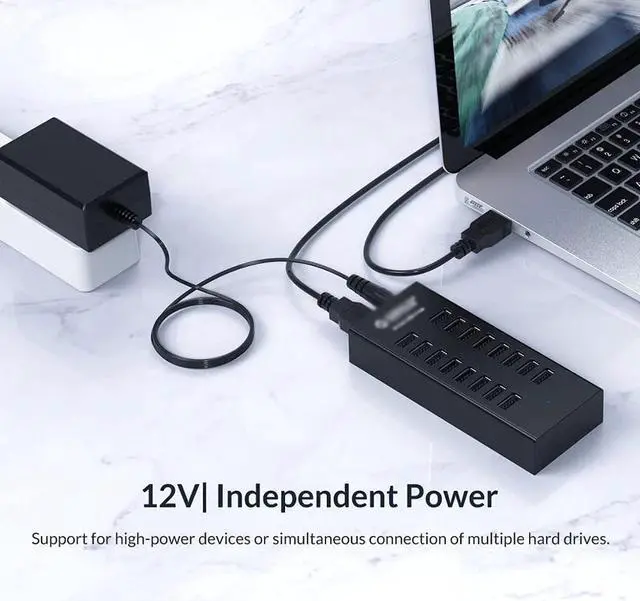 Alt view image 5 of 5 - 16 Port USB2.0 Hub with 12V2A Power Adapter 3.3Ft / 1M Data Cable for MacBook Air Laptop PC Tablet