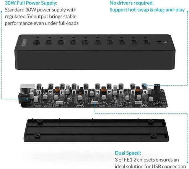 Alt view image 5 of 6 - USB HUB 10 Port ABS USB2.0 HUB with 12V Power Adapter High Speed USB Splitter for PC Computer Accessories 1M Data Cable