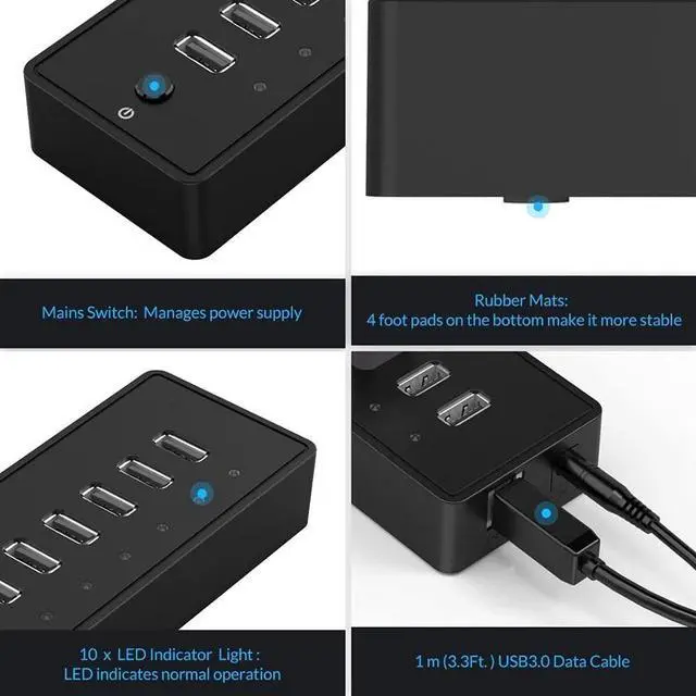 Alt view image 6 of 6 - USB HUB 10 Port ABS USB2.0 HUB with 12V Power Adapter High Speed USB Splitter for PC Computer Accessories 1M Data Cable