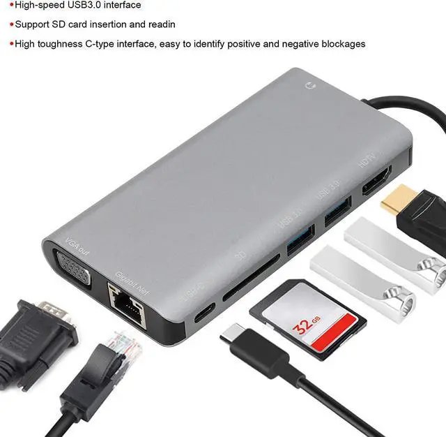 Alt view image 3 of 7 - 8 in 1 Multifunction Hub, Type C to RJ45 VGA USB3.0 Jack SD HDTV PD Interface, Fast Charging Support, High Speed Data Transmission, Anti Fingerprint Aluminum Alloy Design, Gra