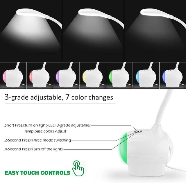 Alt view image 3 of 7 - ELEOPTION Dimmable Color LED Desk Lamp Touch-Sensitive Control Panel with 3 Adjustable Brightness Levels 7 Colorful Atmosphere Light with USB Charging Port