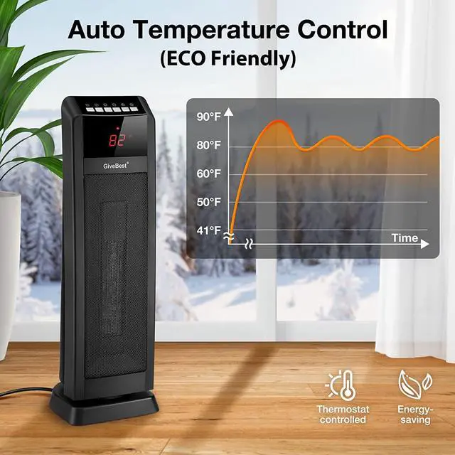 Alt view image 2 of 7 - GiveBest Space Heater for Large Room, 24" Ceramic Tower Heater with Remote Control 1H to 8H Timer ETL Certified Digital Oscillating Heater with Overheat Protection Tip-Over Switch for Indoor Use