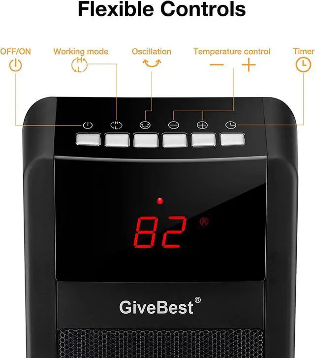 Alt view image 7 of 7 - GiveBest Space Heater for Large Room, 24" Ceramic Tower Heater with Remote Control 1H to 8H Timer ETL Certified Digital Oscillating Heater with Overheat Protection Tip-Over Switch for Indoor Use