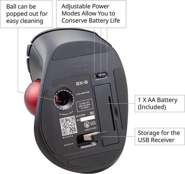 Alt view image 7 of 7 - ELECOM EX-G Left-Handed Trackball Mouse, 2.4GHz Wireless, Thumb Control, 6-Button Function, Ergonomic Design, Optical Gaming Sensor, Smooth Red Ball, Windows11, macOS (M-XT4DRBK-G)