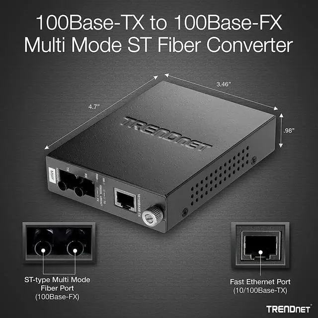Alt view image 3 of 3 - TRENDnet 100Base-TX to 100Base-FX Multi Mode ST Fiber Media Converter, 2km (1.2 Miles), Auto-Negotiation, Auto-MDIX, Full-Duplex, Fiber to Ethernet Converter, Lifetime Protection, Black, TFC-110MST