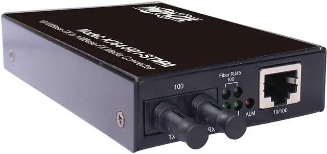 Main image of Tripp Lite Network Copper RJ45 Ethernet to Fiber ST Duplex Multimode Extender Converter, 1310nm Wavelength, Hardened Housing, 10/100 Mbps, Extend 1.2 Miles / 2 Km, 2-Year Warranty (N784-H01-STMM)