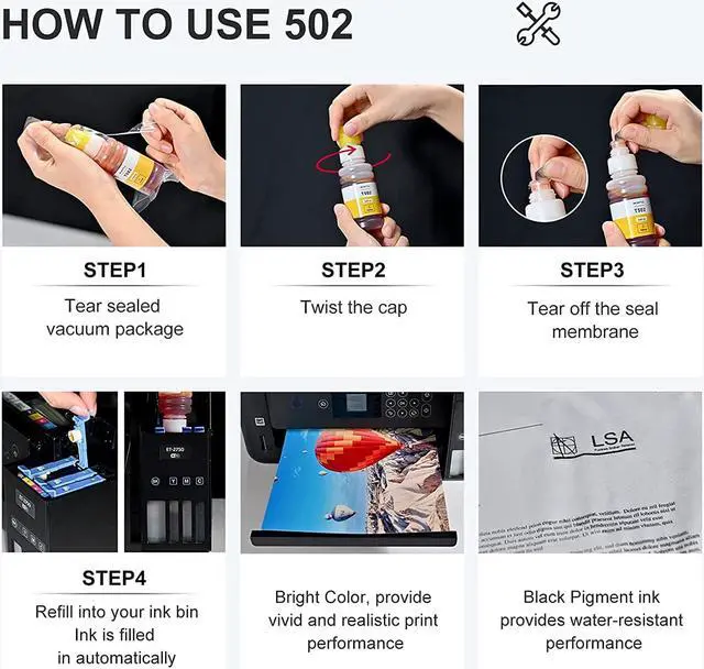 Alt view image 4 of 6 - MYTONER Compatible Ink Bottle Replacement for Epson 502 T502 for ET-2760 ET-4760 ET-4750 ET-3710 ET-3760 ET-2700 ET-2750 ET-3700 ET-3750 ST-2000 ST-4000 Printer (Black Cyan Magenta Yellow, 5-Pack)