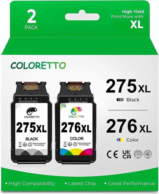 Main image of COLORETTO 275 276 XL Pg-275XL Cl-276XL Ink Cartridge Compatible with Canon Pixma TR4700 TR4720 TR4722 TR4725 TS3520 TS3522 Printer 1 Black 1 Tri-Color 2-Pack