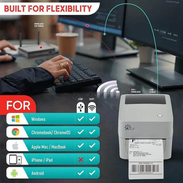 Alt view image 4 of 7 - 2054K-WF Mini WiFi Wireless Shipping Label Printer for iPhone Windows Mac Chromebook Android Support Amazon Ebay Paypal Shopify Shipstation UPS USPS FedEx Fanfold Direct Label