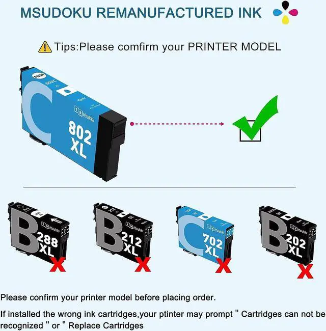 Alt view image 7 of 7 - Msudoku 802Xl Ink Cartridges Remanufactured 5 Pack Replacement  802 802Xl Ink Cartridges Combo Pack T802XL T802 Use with Workforce Pro F-4730 WF-4740 WF-4734, EC-4020 EC-4030 Printers