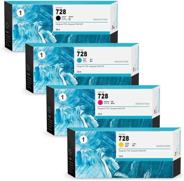 Main image of Ennovor 728 Ink Cartridges 4-Pack (300-ml Matte Black / 130-ml Cyan/Magenta/Yellow) Replacement for HP 728 Ink Work with T830 MFP & T730 Large Format Plotter Printer