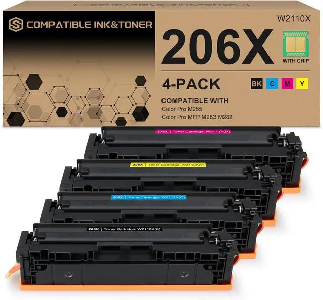 Main image of 206X 206A High Yield Toner Cartridges 4 Pack (with Chip) Works with HP Color Pro MFP M283fdw M283cdw, Pro M255dw M255nw, MFP M282nw M283 M282 M255 Printer | W2110X W2111X W2112X W2113X 206A W2110A