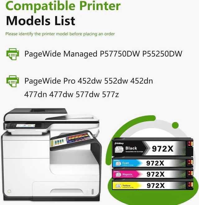Alt view image 2 of 7 - Ennovor 972X Ink Cartridges High Yield Set (4-Pack, Black/Cyan/Magenta/Yellow) -Compatible 972 972X Ink Cartridge Replacement for HP Pagewide MFP P57750DW Pro 452dn 452dw 552dw 477dw 577dw Printer