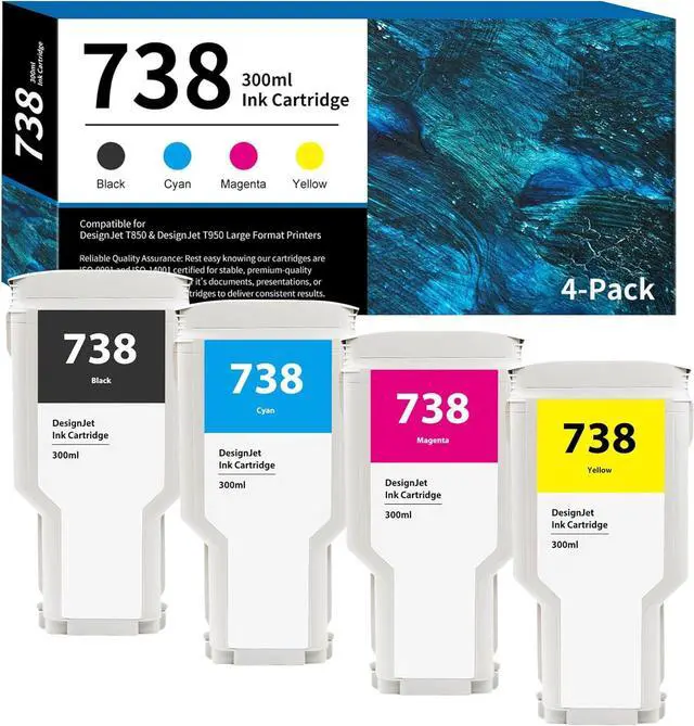 Main image of 738 Ink Cartridge 300ml 4-Pack (Black Cyan Magenta Yellow) 498N8A 676M6A 676M7A 676M8A Replacement for HP 738 Ink Cartridge for DesignJet T850 T950 Printer Ink