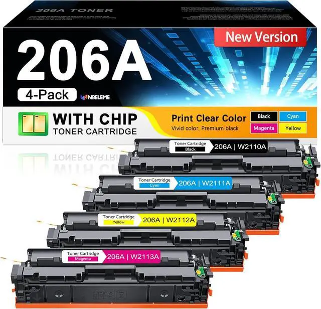 Main image of 206A Toner Cartridges 4 Pack (with Chip) Replacement for HP 206A Toner Works with Color Laserjet Pro MFP M283fdw M283cdw M255dw, Pro MFP M282 M283 Series Printer | W2110A