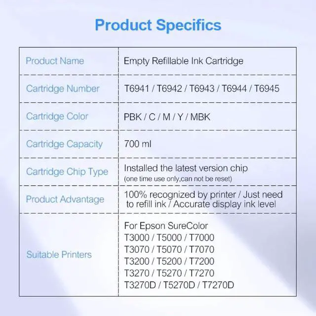 Alt view image 6 of 6 - 5Colors/Set T6941-T6945 T6941 Refillable Ink Cartridge with One Time Chip for E-pson SureColor T3270 T5270 T7270 700ML/PC