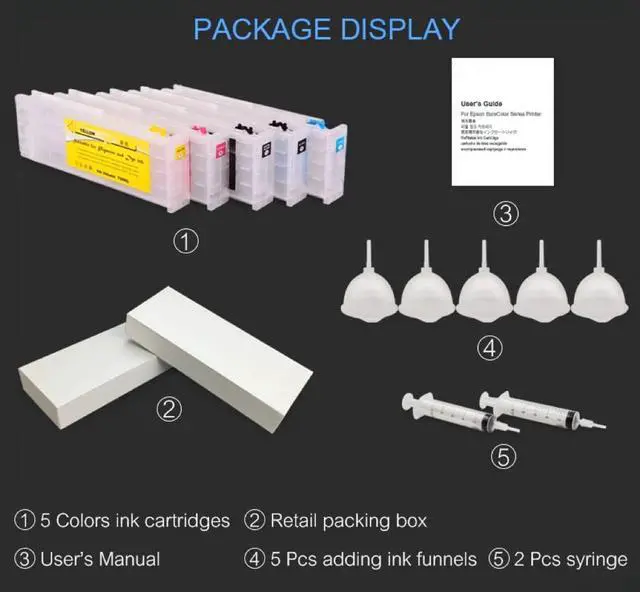 Alt view image 2 of 6 - 5Colors/Set T6941-T6945 T6941 Refillable Ink Cartridge with One Time Chip for E-pson SureColor T3270 T5270 T7270 700ML/PC