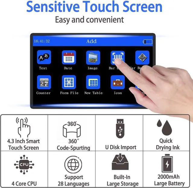 Alt view image 2 of 6 - Ennovor Handheld Inkjet Printer with 42ml Quick-Drying Ink Cartridge, Portable Handheld Printer Gun with 4.3 Inch Touch Screen for Text QRCode Barcode Batch Number Label Logo