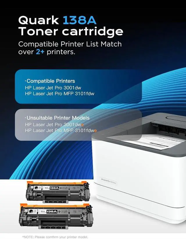 Alt view image 2 of 7 - with Chip High Yield 138A 138X W1380A W1380X Toner Cartridge Compatible with HP 138A 138X W1380A W1380X for HP Laserjet Pro 3001dw Pro 3001fdw MFP 3101fdw Printers (Black, 2 Pack)