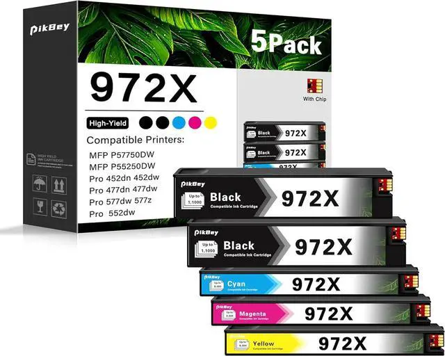Main image of 972X Ink Cartridges High Yield Combo Pack (5-Pack, 2Black/1Cyan/1Magenta/1Yellow) Compatible 972X 972 Ink Cartridge Replacement for HP Pagewide MFP P57750DW Pro 452dn 452dw 552dw 477dw 577dw Printer