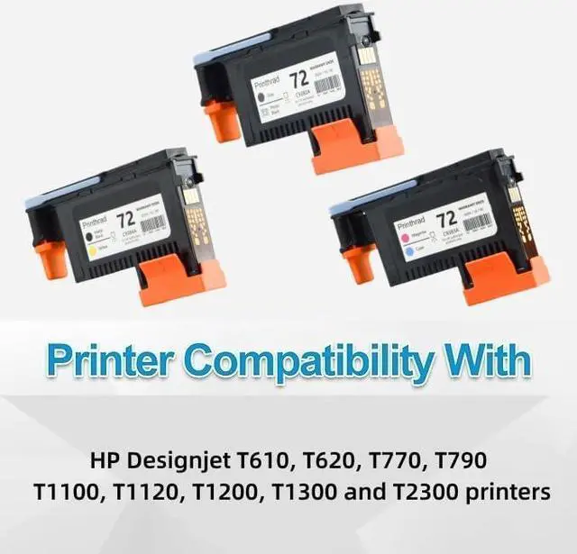 Alt view image 2 of 5 - 72 Printhead-3 Pack(With Chip)Compatible with HP Designjet T610 T620 T770 T790 T1100 T1120 T1200 T1300 T2300 Printer Replacement Print Head-3 Pack (Cyan/Magenta, Matte Black/Yellow, Gray/Photo Black)