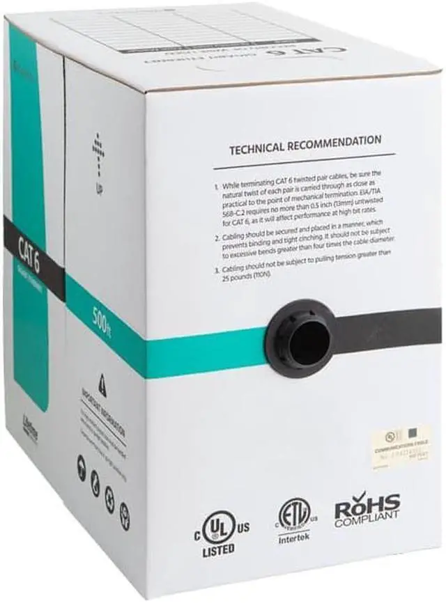 Alt view image 5 of 6 - Monoprice Cat6 Ethernet Bulk Cable - 500 Feet - Black, Solid, 550MHz, UTP, CMR, Riser-Rated, Pure Bare Copper Wire, 23AWG (UL)(TAA)