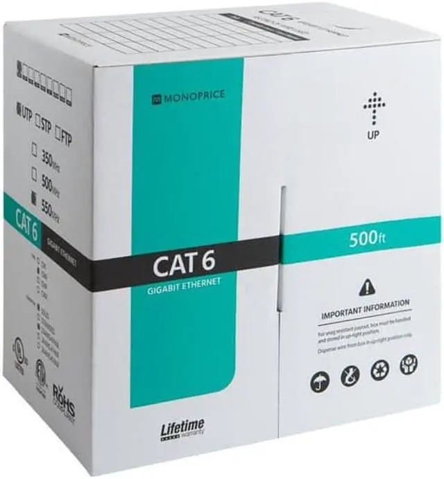 Alt view image 3 of 6 - Monoprice Cat6 Ethernet Bulk Cable - 500 Feet - Black, Solid, 550MHz, UTP, CMR, Riser-Rated, Pure Bare Copper Wire, 23AWG (UL)(TAA)