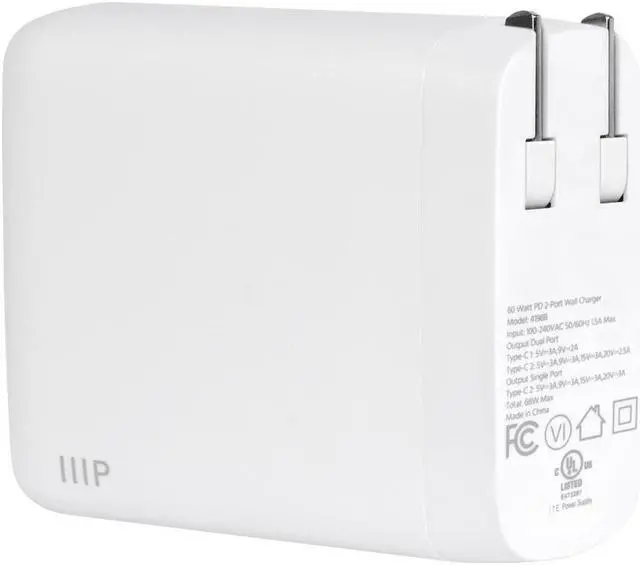 Alt view image 4 of 6 - Monoprice 68W 2-port USB-C GaN Charger, Fast Charge, Foldable, PD Technology, for MacBook, iPad, iPhone, Galaxy, White