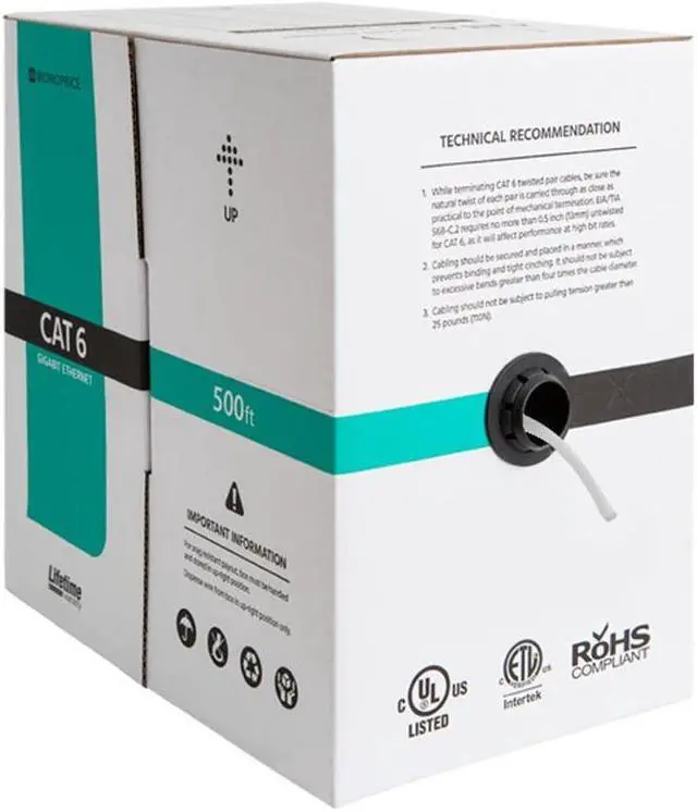 Alt view image 6 of 11 - Monoprice Cat6 Ethernet Bulk Cable - Network Internet Cord - Solid, 500Mhz, UTP, CMR, Riser Rated,  Pure Bare Copper Wire, 23AWG, 500ft, White