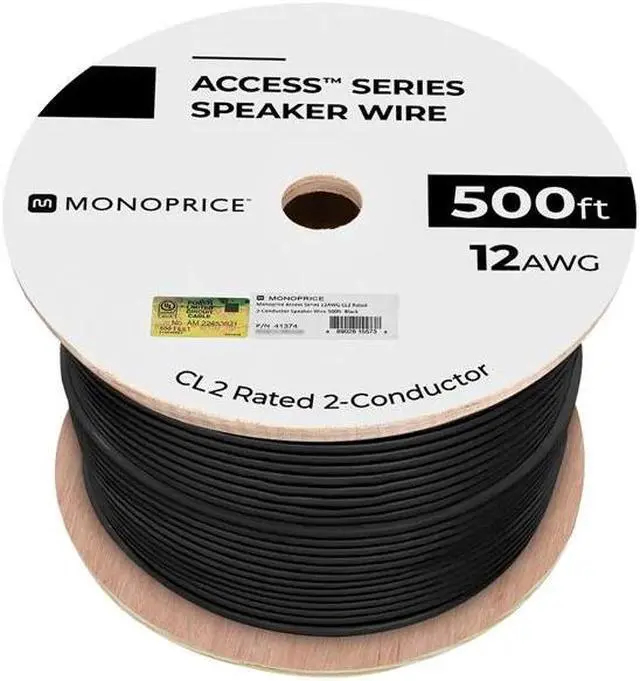 Alt view image 4 of 7 - Monoprice Speaker Wire, CL2 Rated, 2-Conductor, 12AWG, 500ft, Black