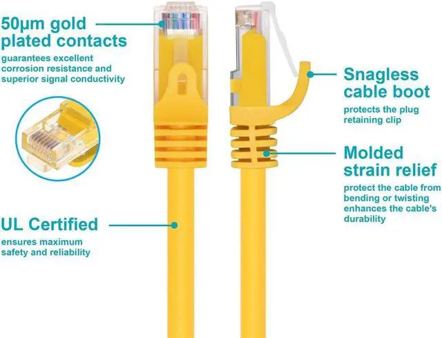 Alt view image 5 of 8 - Monoprice Cat6 Ethernet Patch Cable - 20 Feet - Yellow | Network Internet Cord - Snagless RJ45, Stranded, 550Mhz, UTP, Pure Bare Copper Wire, 24AWG - Flexboot Series
