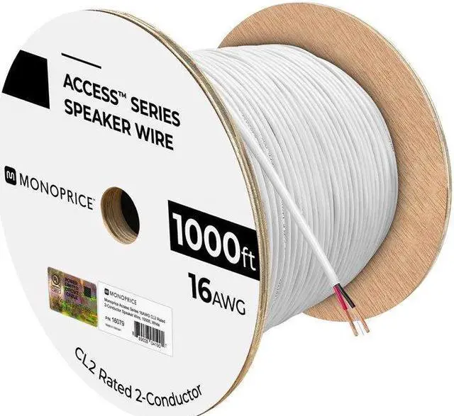 Alt view image 14 of 16 - Monoprice Speaker Wire, CL2 Rated, 2-Conductor, 16AWG, 1000ft, White