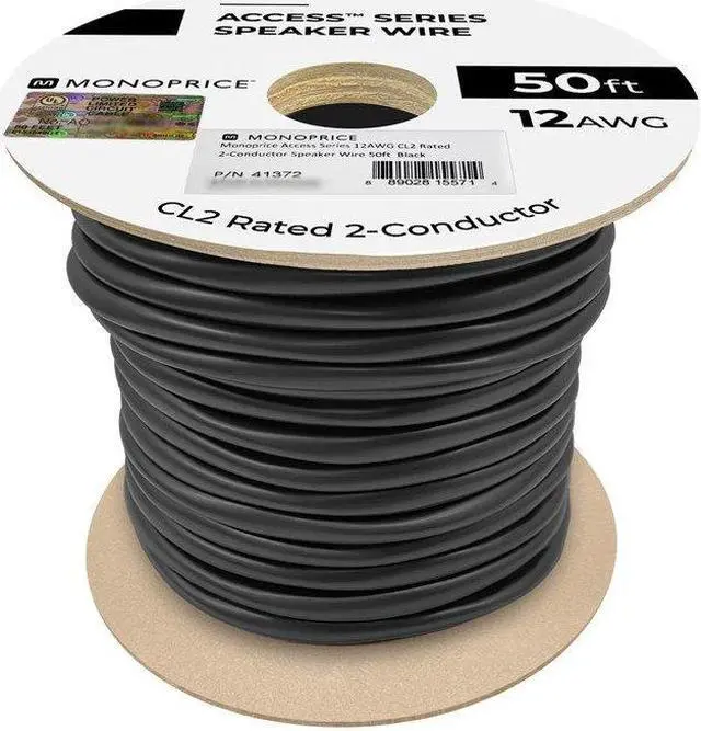 Alt view image 3 of 6 - Monoprice Speaker Wire, CL2 Rated, 2-Conductor, 12AWG, 50ft, Black