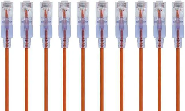 Main image of Monoprice SlimRun Cat6A Ethernet Patch Cable - Network Internet Cord - RJ45, Stranded, UTP, Pure Bare Copper Wire, 30AWG, 2ft, Orange, 10-Pack
