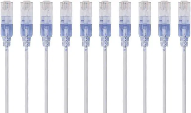 Main image of Monoprice SlimRun Cat6A Ethernet Patch Cable - Network Internet Cord - RJ45, Stranded, UTP, Pure Bare Copper Wire, 30AWG, 2ft, White, 10-Pack