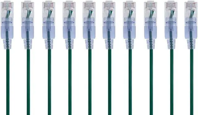 Main image of Monoprice SlimRun Cat6A Ethernet Patch Cable - Network Internet Cord - RJ45, Stranded, UTP, Pure Bare Copper Wire, 30AWG, 6in, Green, 10-Pack