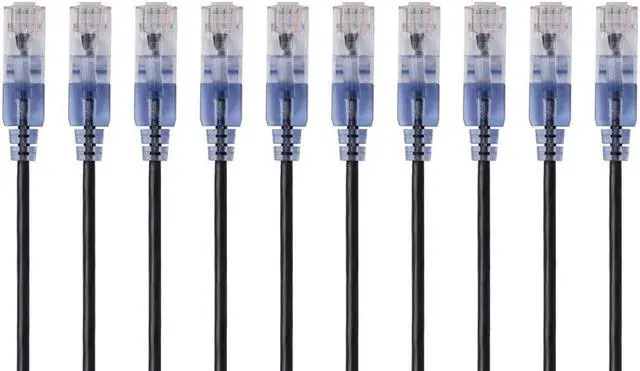 Main image of Monoprice SlimRun Cat6A Ethernet Patch Cable - Network Internet Cord - RJ45, Stranded, UTP, Pure Bare Copper Wire, 30AWG, 6in, Black, 10-Pack