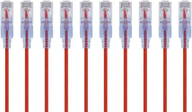 Main image of Monoprice SlimRun Cat6A Ethernet Patch Cable - Network Internet Cord - RJ45, Stranded, UTP, Pure Bare Copper Wire, 30AWG, 6in, Red, 10-Pack