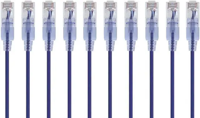 Main image of Monoprice SlimRun Cat6A Ethernet Patch Cable - Network Internet Cord - RJ45, Stranded, UTP, Pure Bare Copper Wire, 30AWG, 6in, Purple, 10-Pack