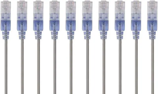 Main image of Monoprice SlimRun Cat6A Ethernet Patch Cable - Network Internet Cord - RJ45, Stranded, UTP, Pure Bare Copper Wire, 30AWG, 6in, Gray, 10-Pack