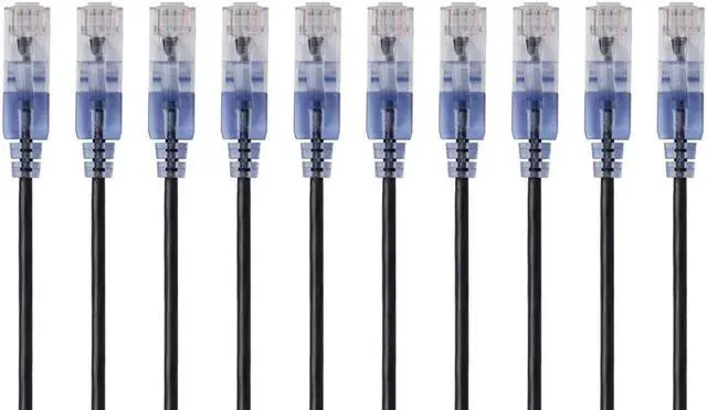 Main image of Monoprice SlimRun Cat6A Ethernet Patch Cable - Network Internet Cord - RJ45, Stranded, UTP, Pure Bare Copper Wire, 30AWG, 2ft, Black, 10-Pack