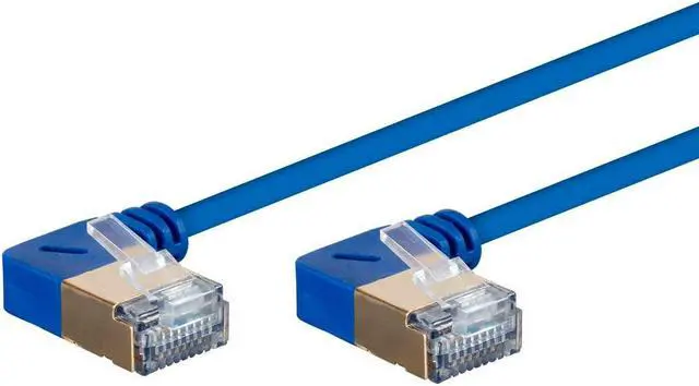 Main image of Monoprice SlimRun Cat6A Ethernet Network Cable/Cord - Blue - 3 Feet | 90 Degree Angled, 36AWG, S/STP
