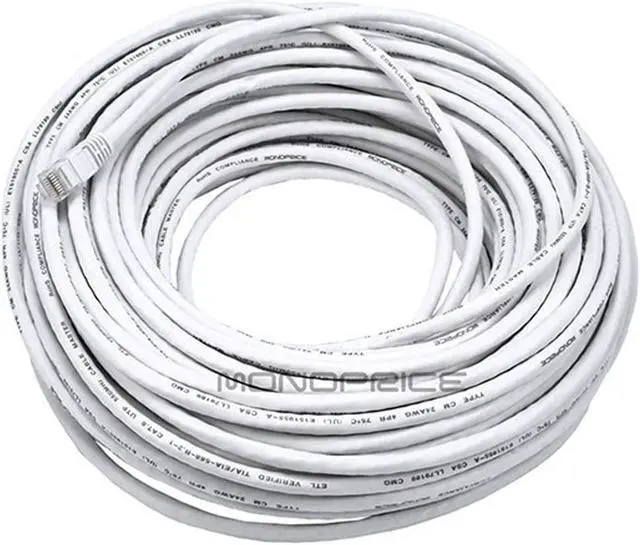 Main image of Monoprice Cat6 Ethernet Patch Cable - 100 Feet - White | Network Internet Cord - RJ45, Stranded, 550Mhz, UTP, Pure Bare Copper Wire, 24AWG
