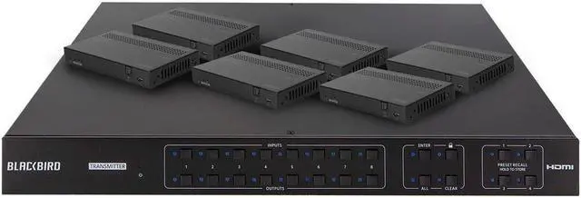 Main image of Monoprice Blackbird 4K HDMI Matrix, 8x8, HDBaseT, HDR, 18G, 4K@60Hz, YCbCr 4:4:4, HDCP 2.2, EDID, IR,  SPDIF, RCA, TCP/IP, RS-232, W/ 7 Receivers 70m