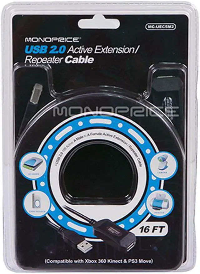 Alt view image 9 of 12 - Monoprice USB 2.0 Extension Cable - 16 Feet - Black | USB Type-A Male to Type-A Female, Active, 20/28AWG, Repeater, Kinect & PS3 Move Compatible