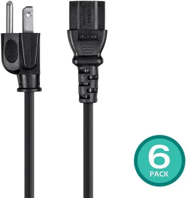 Alt view image 2 of 6 - Monoprice 3-Prong Power Cord - 10ft - Black (6-Pack) NEMA 5-15P to IEC 60320 C13, 18AWG, 10A, 125V, Works W/ Most Pcs, Monitors, Scanners, & Printers