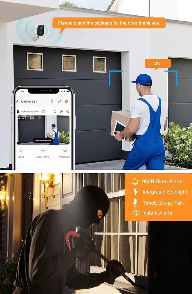 Alt view image 3 of 6 - Dzees Outdoor Camera Wireless, Battery Powered WiFi Surveillance Camera for Home Security System with Siren Alarm & Spotlight, Motion Detection, Color Night Vision, IP65 Waterproof Cloud/SD-2-Pack